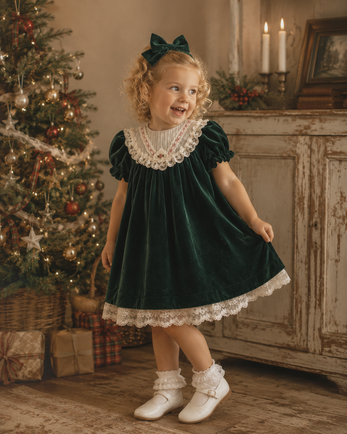 Velvet Forest Green Lace Dress