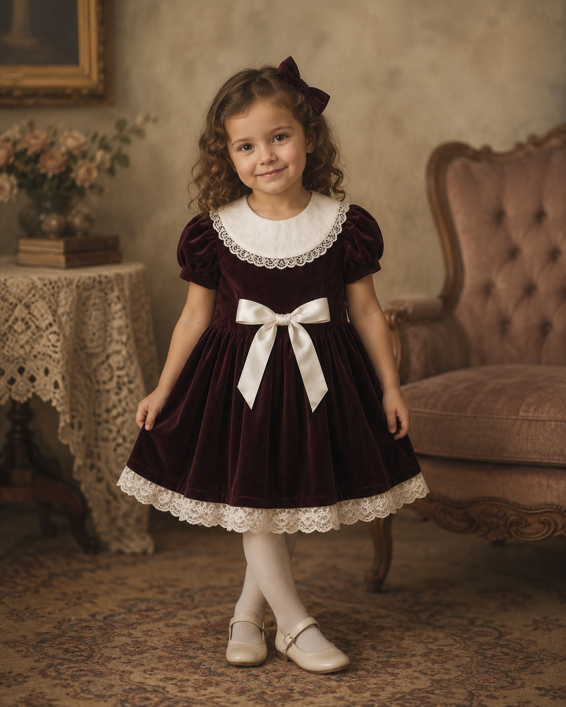 Vintage Velour Bib & Bow Dress