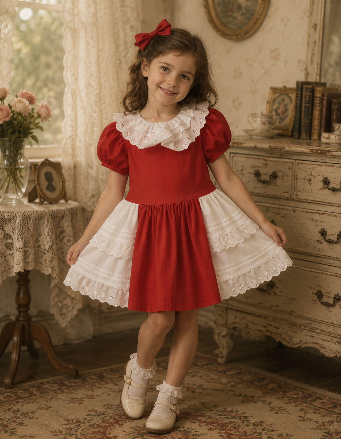 Vintage Red & White Frill Red Dress