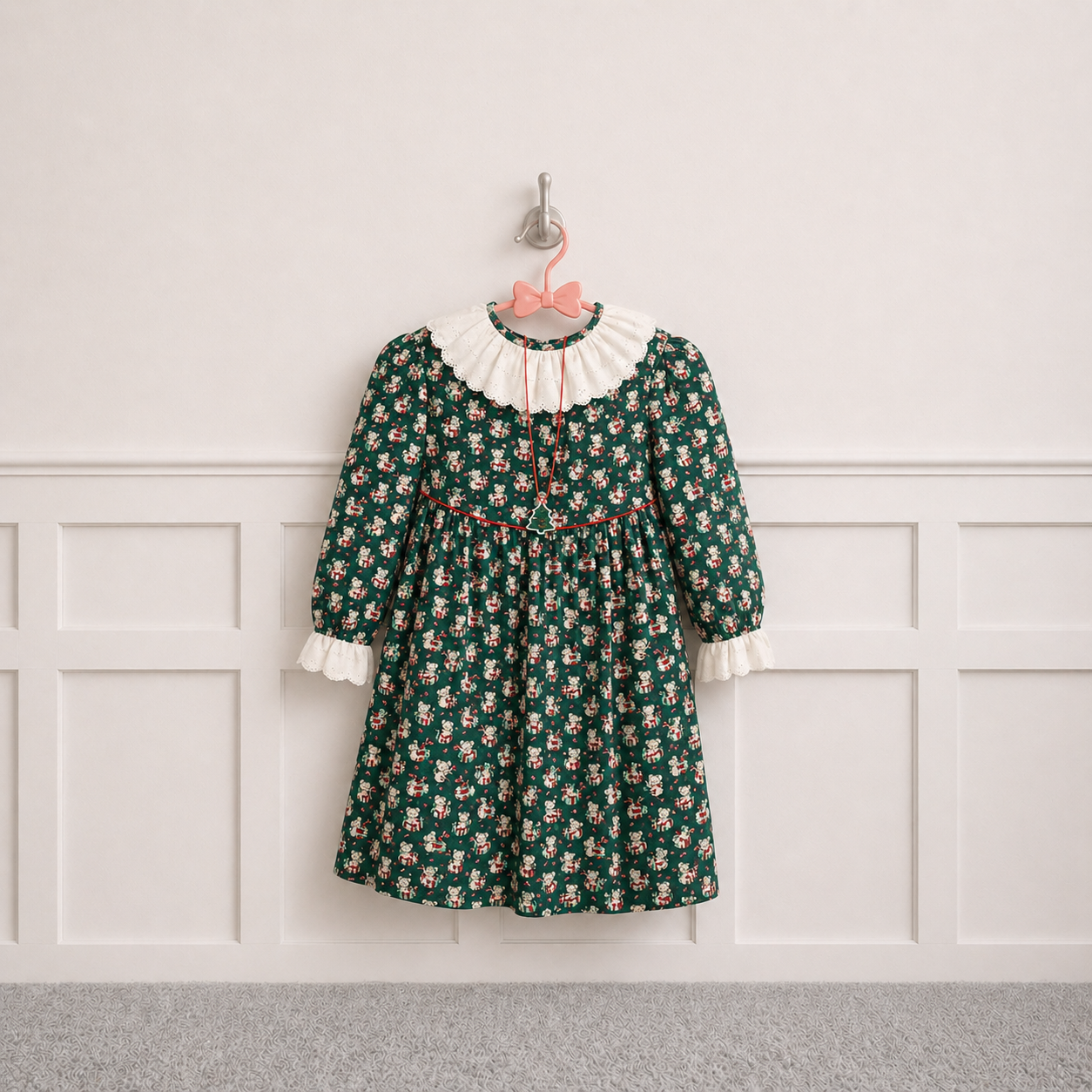 Deep Green Teddy Pattern Dress W/ Necklace