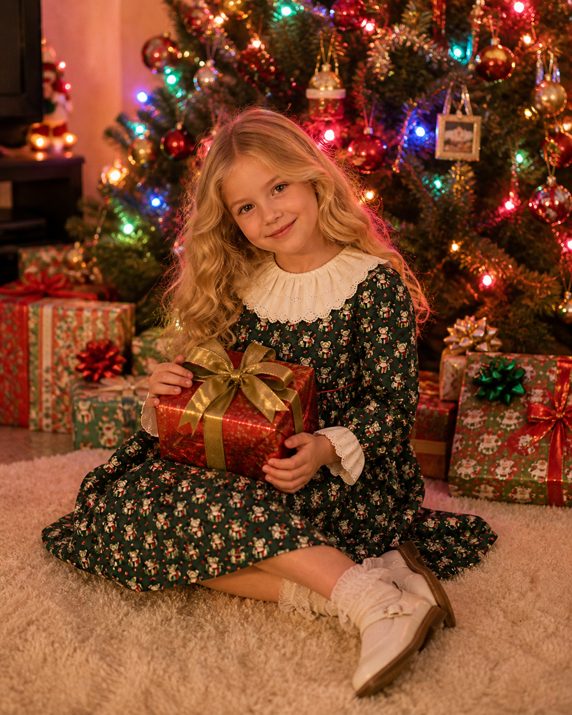 Deep Green Teddy Pattern Dress W/ Necklace