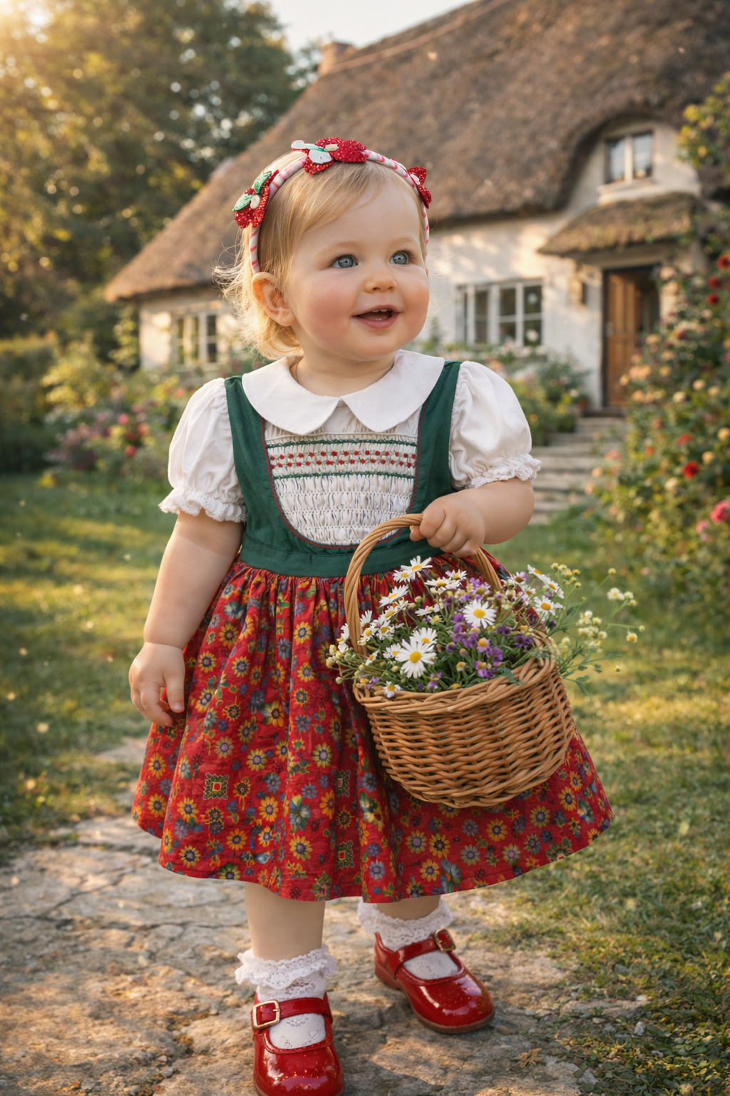 Polly Flinders Smocked Green & Red Dress