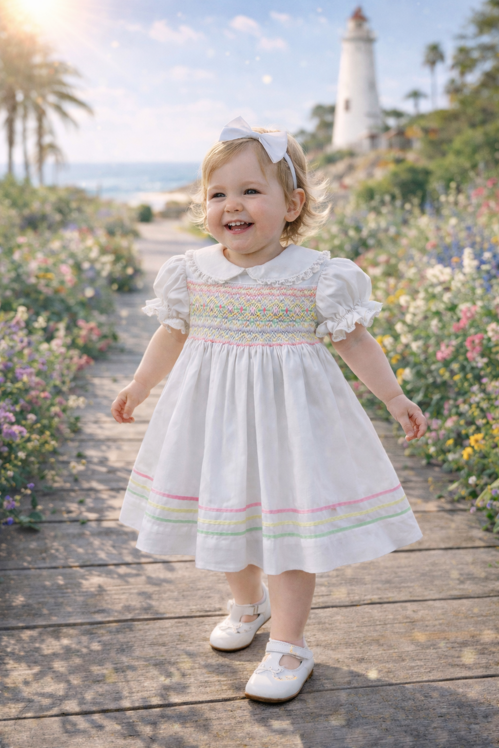 Super Cute Smocked Dress with Rainbow Ribbon